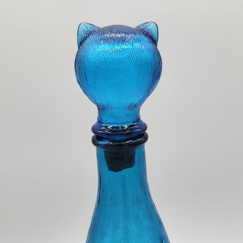 Vintage Italian Empoli Blue Glass Cat Decanter Bottle Figural 9 Inch Tall 1960s - Picture 6 of 13